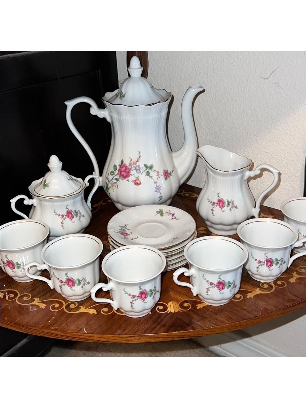 Walbrzych Poland Porcelain Tea Set 17 Piece Pink Rose Floral Gold Trim